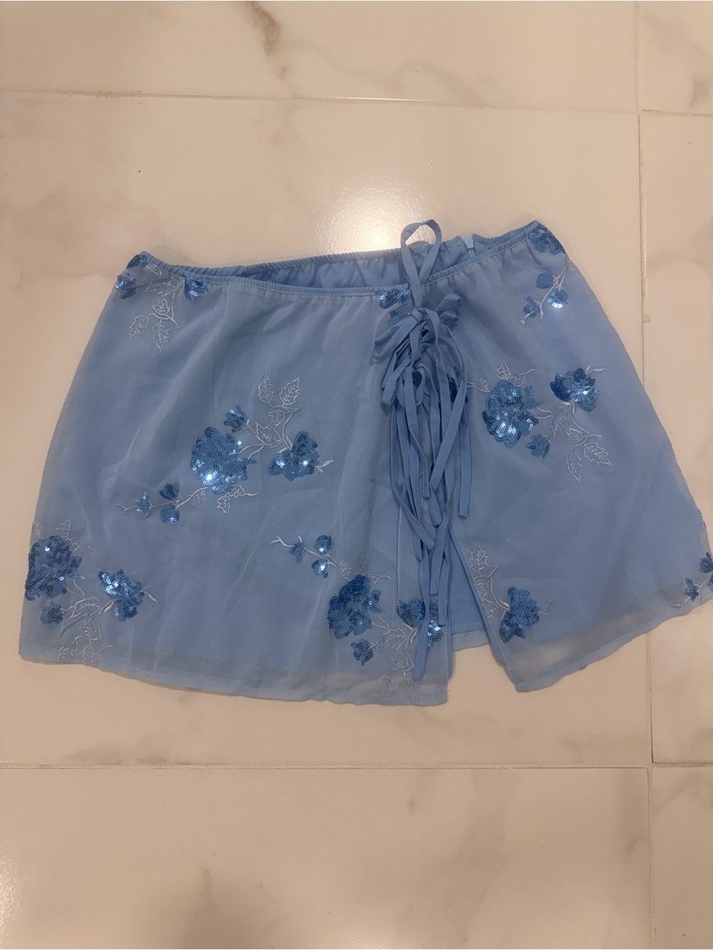 SHEIN Light Blue Floral Sequin Lace-Up Skort